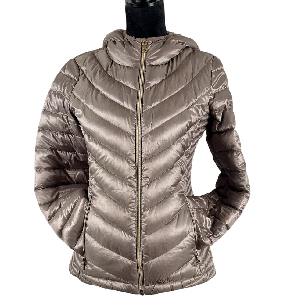 Calvin Klein Hooded Packable Premium Down Puffer Coat Women L Champagne‎ Jacket